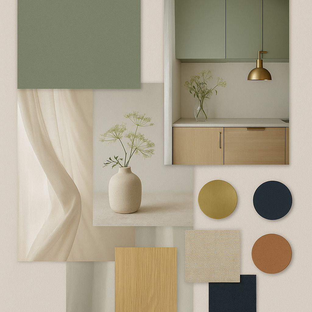 Moodboard kuchyně v Dill Green barvách - paleta materiálů a barev